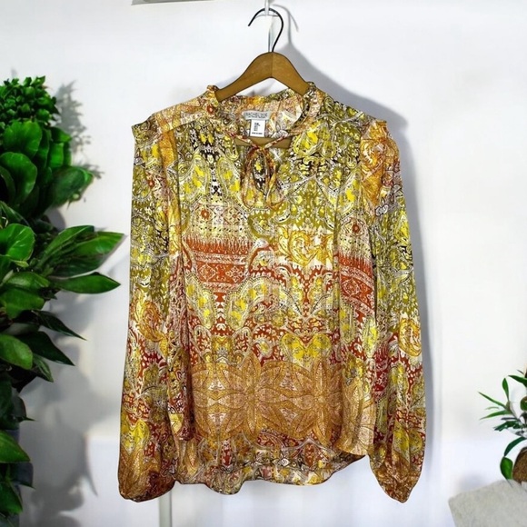 RACHEL ZOE Paisley Boho Print Metallic Stripe V Neck Popover Blouse - Picture 1 of 9